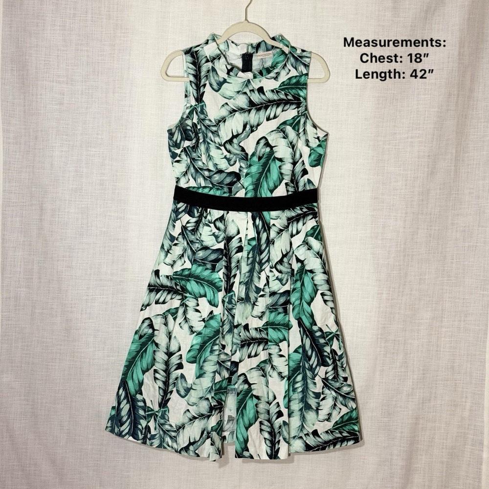 Eva Mendes NY&C Green Tropical Leaf Fit & Flare Dress Pleated Full‎ A-Line Skirt